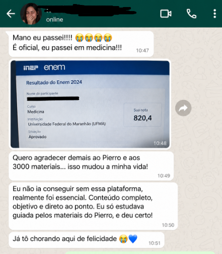 Print de WhatsApp: aluna aprovada em Medicina na UFMA