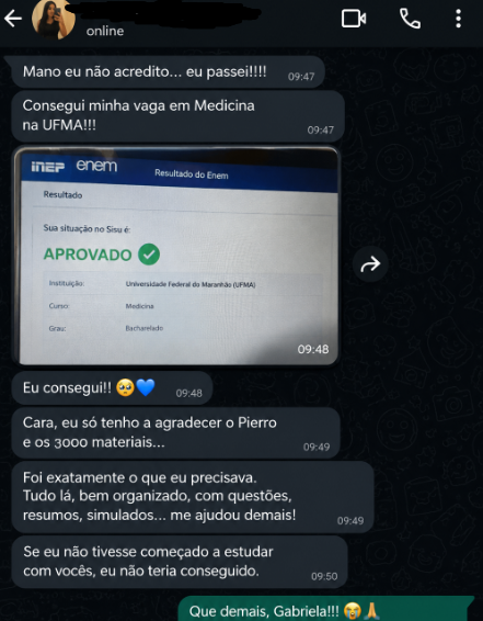 Print de WhatsApp: aluna aprovada em Medicina na UFMA pelo Sisu