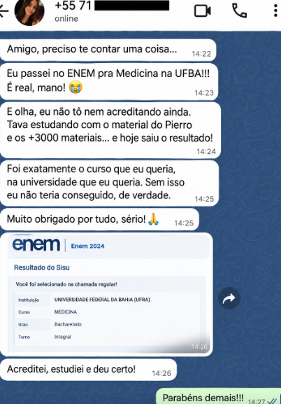 Print de WhatsApp: aluna aprovada em Medicina na UFBA